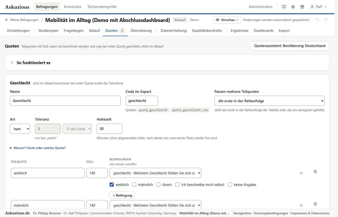 Seite „Quoten“ einer Befragung: Quote Geschlecht mit Teilquoten weiblich und männlich, je 140 Personen, darüber der Knopf „Quotenassistent: Bevölkerung Deutschland“