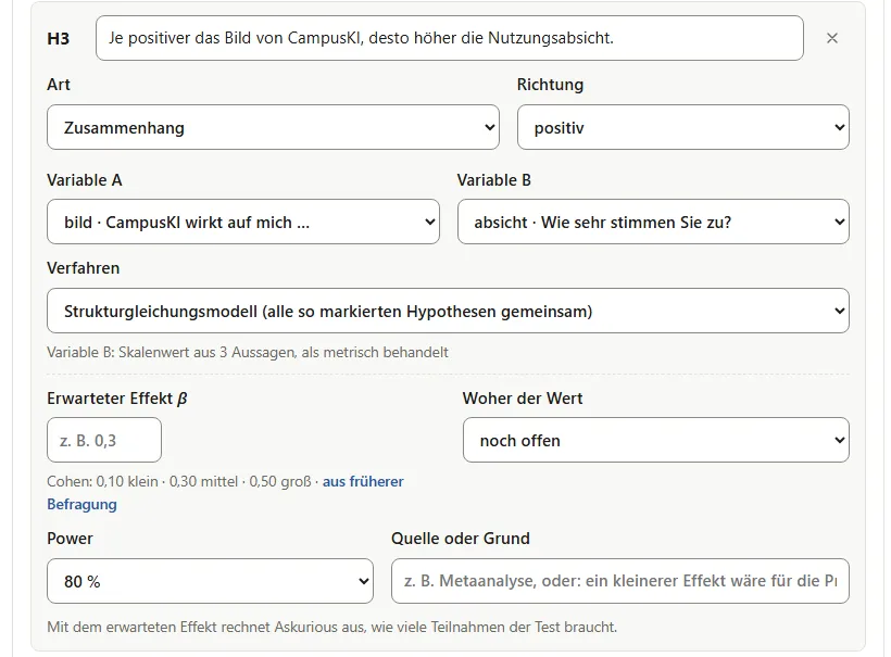 Hypothese H3 im Studienplan: Zusammenhang zwischen Bild und Nutzungsabsicht, Verfahren Strukturgleichungsmodell, Felder für den erwarteten Effekt und die Power von 80 %