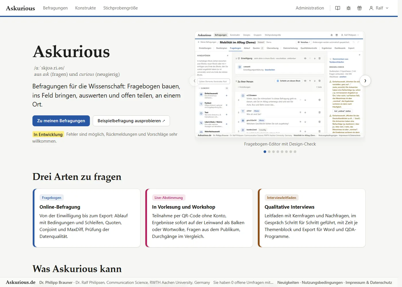 Startseite von Askurious mit Lautschrift, dem Satz „Befragungen für die Wissenschaft“ und den drei Arten zu fragen: Fragebogen, Live-Abstimmung und Interviewleitfaden