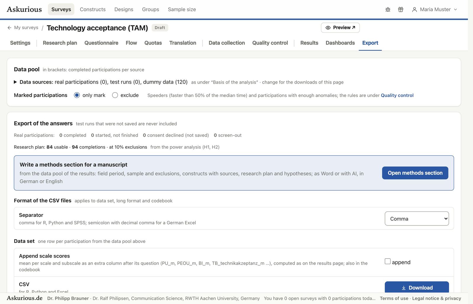 Export: Datenpool, Export der Antworten, Methodenteil, Formate